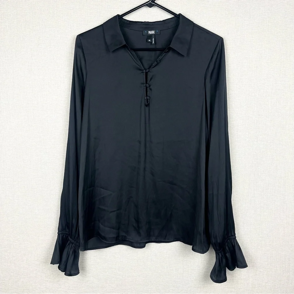 PAIGE Resa Black V-Neck Long Bell Sleeve Satin Blouse Top Medium